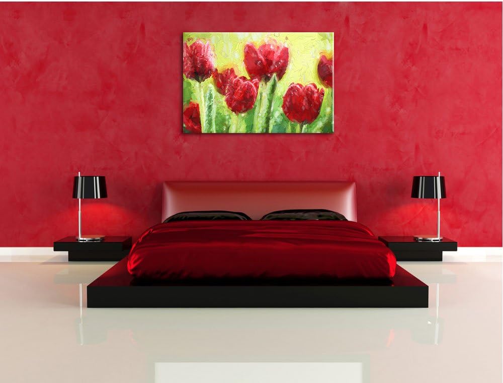 Pixxprint Rote Tulpen mit Tropfen bedeckt Pinsel Effekt, Format: 100x70 auf Leinwand, XXL riesige Bi