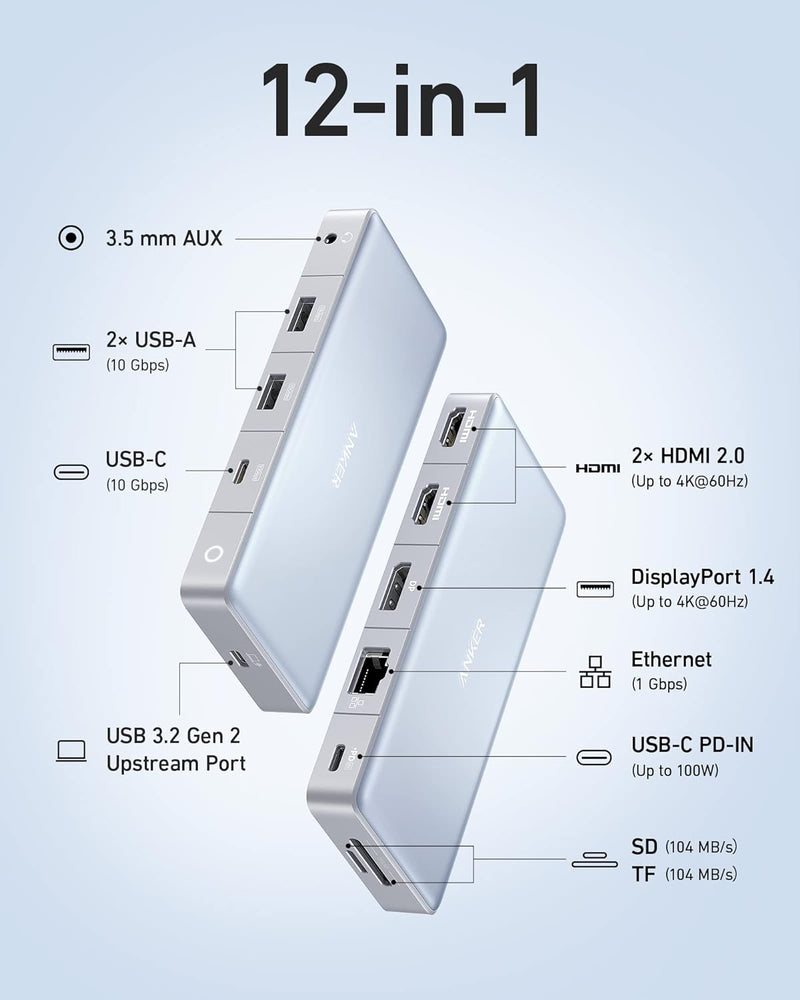 Anker 575 USB-C Hub 12-in-1（Dual HDMI, DP Dockingstation für Triple Display, 10 GBit/s USB C and USB