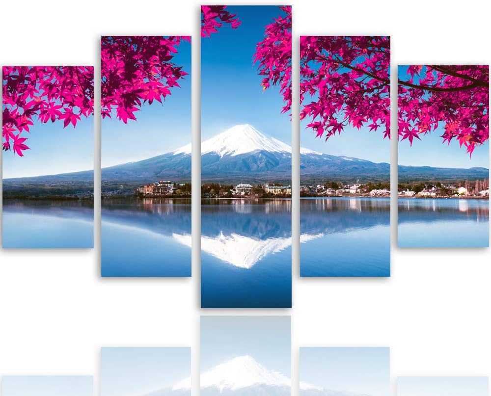 Feeby Bilder Berg 100x70 cm - Leinwandbild - 5 Teilig - Kunstdruck See Blätter rosa Leinwandbild 100