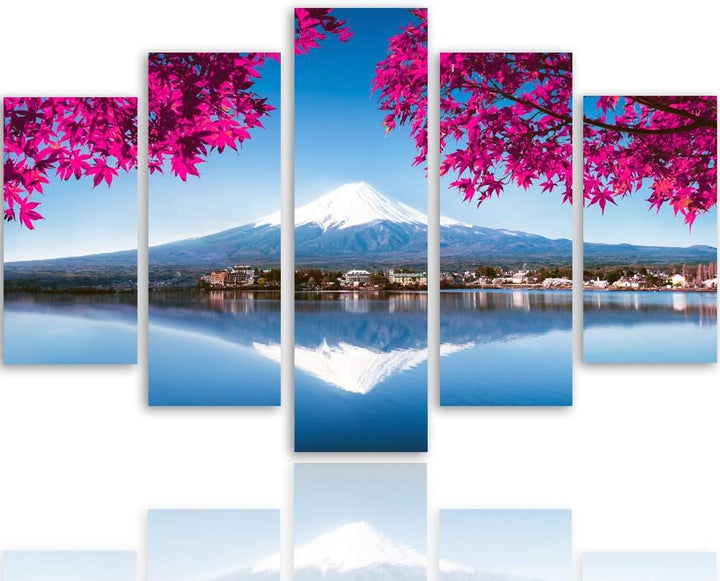 Feeby Bilder Berg 100x70 cm - Leinwandbild - 5 Teilig - Kunstdruck See Blätter rosa Leinwandbild 100