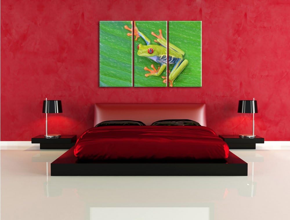 Pixxprint Kleiner Frosch auf Blatt / 3-Teilig/Gesamtmass 120cm Leinwandbild bespannt auf Holzrahmen/