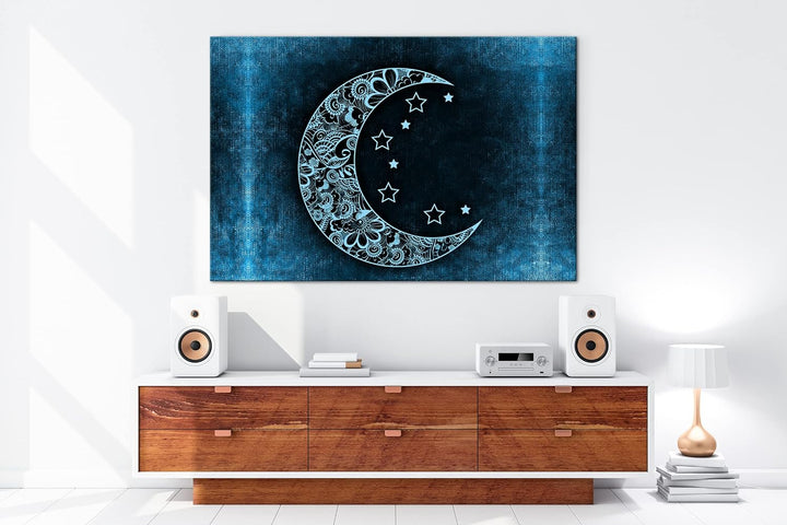 deyoli Abstrakter Mond mit Sternen Format 80x60 Effekt: Monocrome Blau als Leinwandbild, Motiv ferti