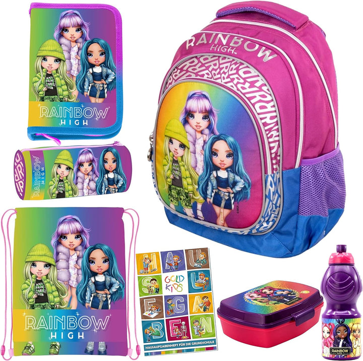 Goldkids 7er Set Schulrucksack Rucksack Federmappe Turnbeutel Brotdose Trinkflasche Schlamperrolle A