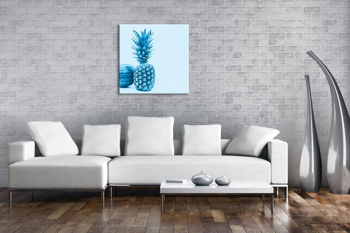 Ananas Melone Format: 70x70 Effekt: Monocrome Blau als Leinwand, Motiv fertig gerahmt auf Echtholzra