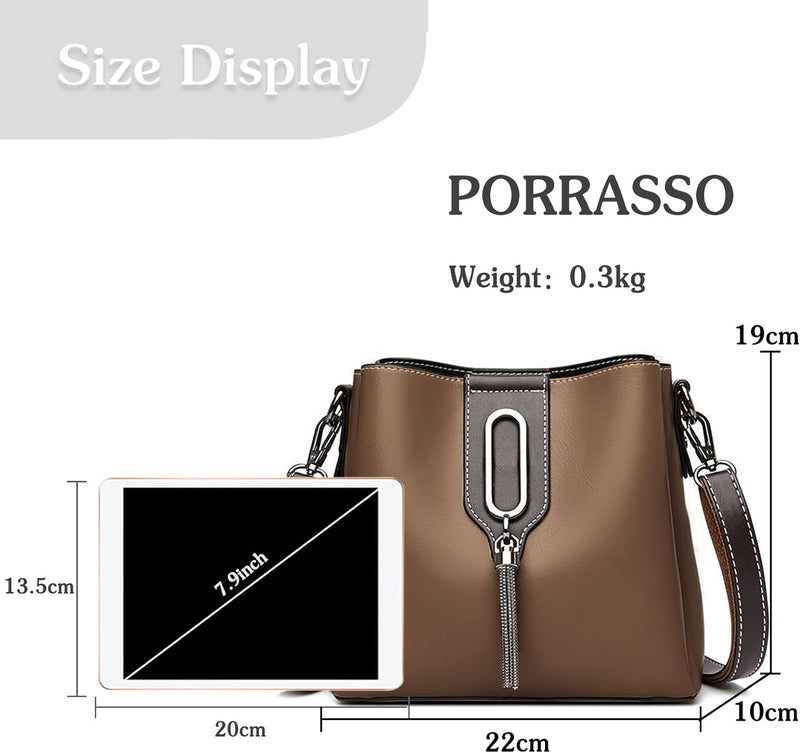 PORRASSO Damen Handtasche Mode Beuteltasche Umhängetasche Henkeltasche Hobo Taschen Leder Wasserdich