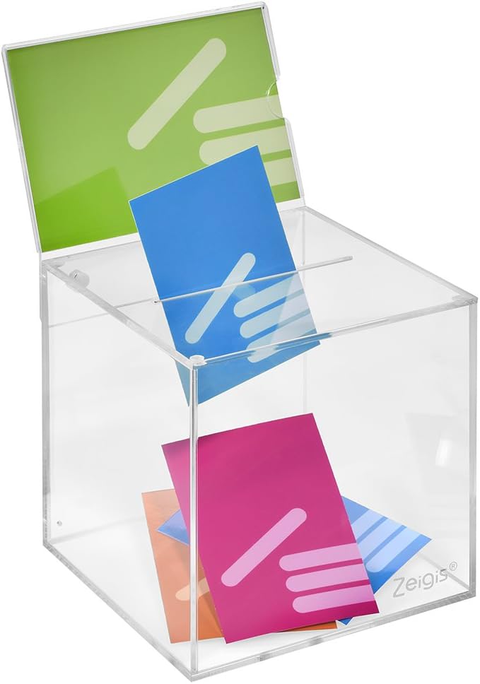 Losbox aus Acrylglas in 150x150x150mm mit Topschild DIN A6 Quer - Zeigis® / Spendenbox/Aktionsbox/Ge
