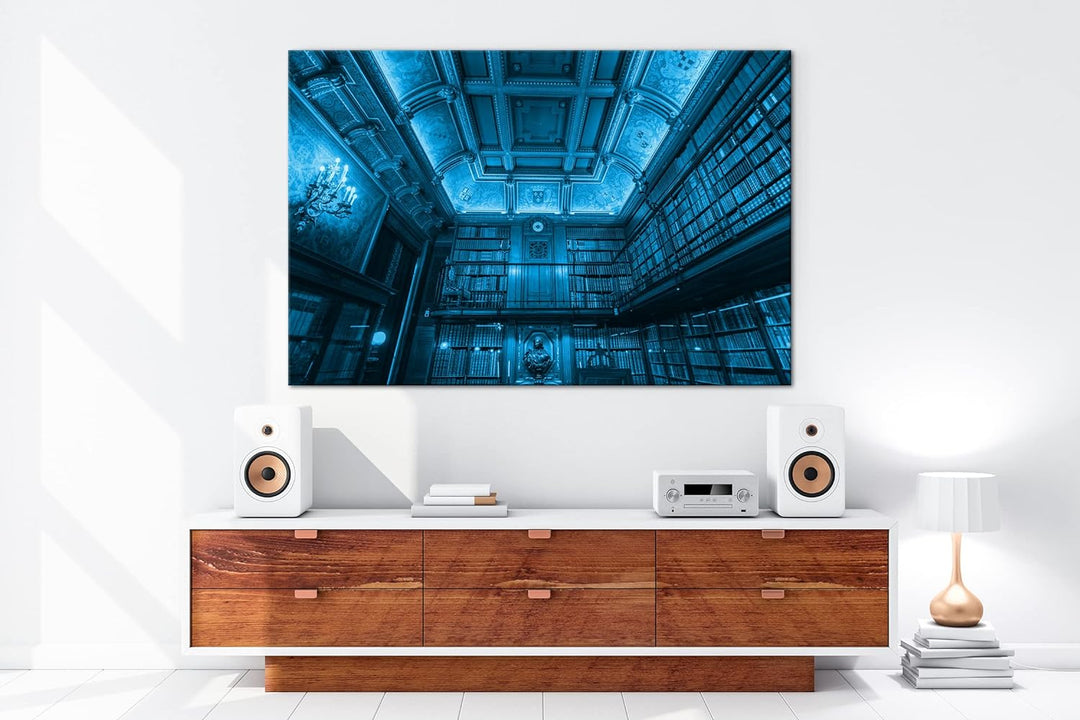 Welt der Bücher Format: 100x70 Effekt: Monocrome Blau als Leinwandbild, Motiv fertig gerahmt auf Ech