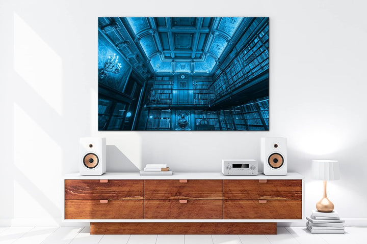 Welt der Bücher Format: 100x70 Effekt: Monocrome Blau als Leinwandbild, Motiv fertig gerahmt auf Ech