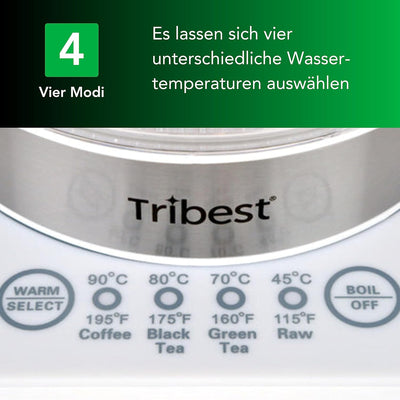Tribest Wasserkocher mit Temperatureinstellung 1,7 Liter – schneller und sicherer Wasserkocher Glas