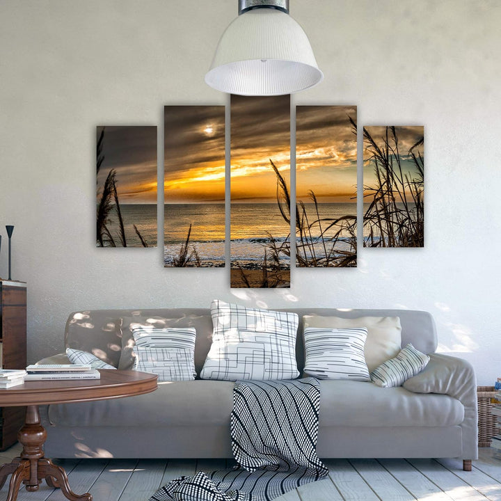 Feeby Bilder Natur 100x70 cm - Leinwandbild - 5 Teilig - Kunstdruck Gras Meer braun Leinwandbild 100