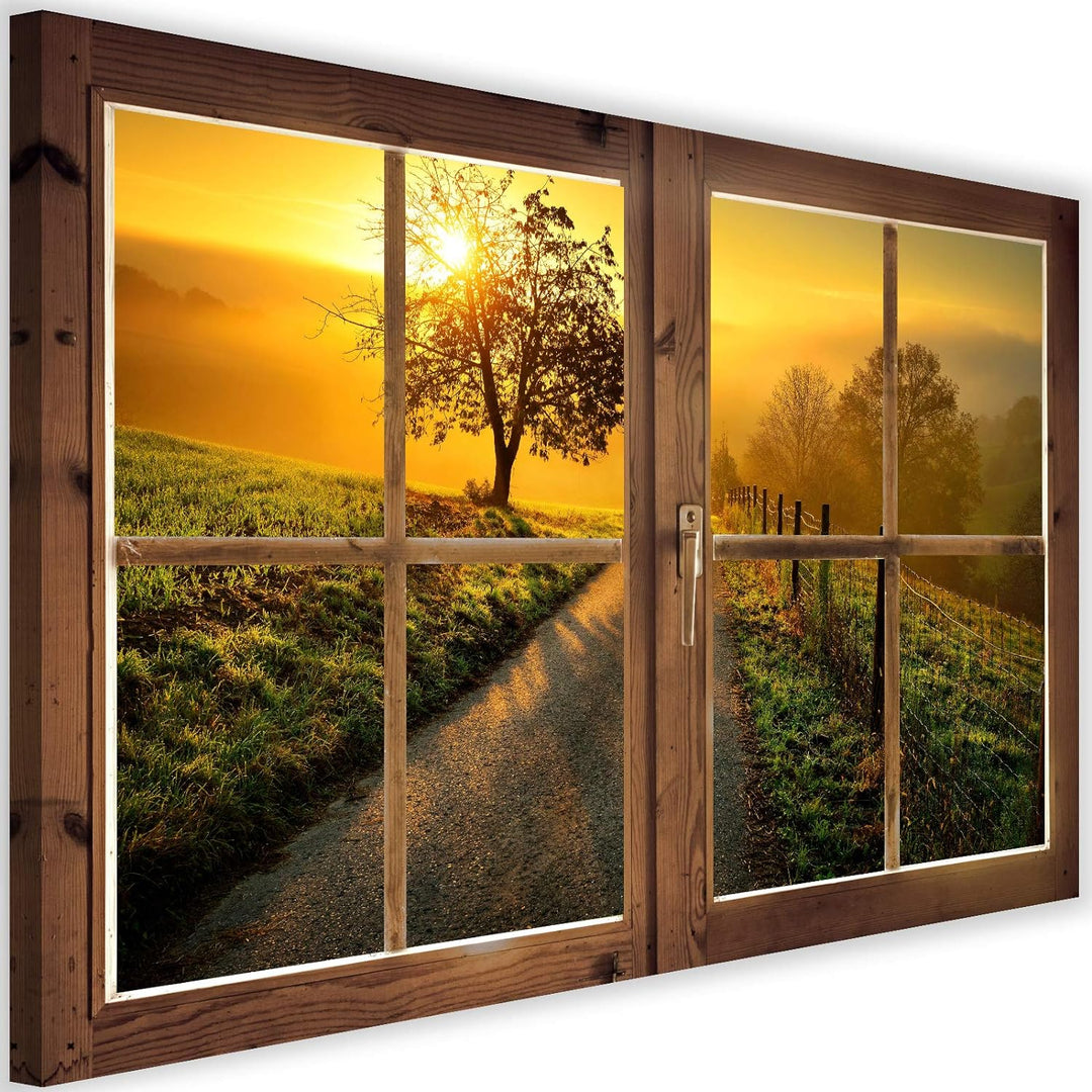 Feeby Vlies Leinwandbild Sonnenuntergang Landstrasse Baum 90x60 cm Druckbild Wandbild Wanddekoration