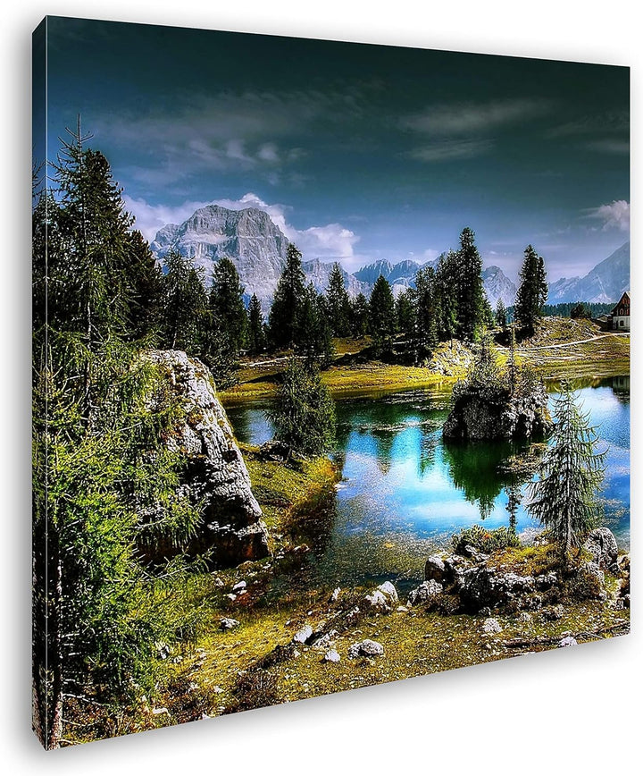 deyoli Holzhütte am klarem See Format: 70x70 als Leinwandbild, Motiv fertig gerahmt auf Echtholzrahm