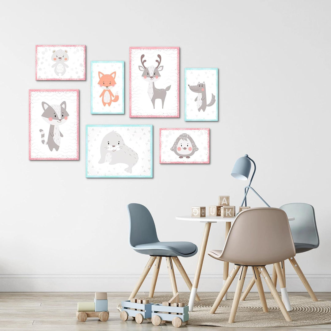 Novart Wandbilder Waldtiere - KOMPLETT AUFHÄNGFERTIG - Rosa Kinderzimmer Mädchen- 7 Moderne Mood-Bil