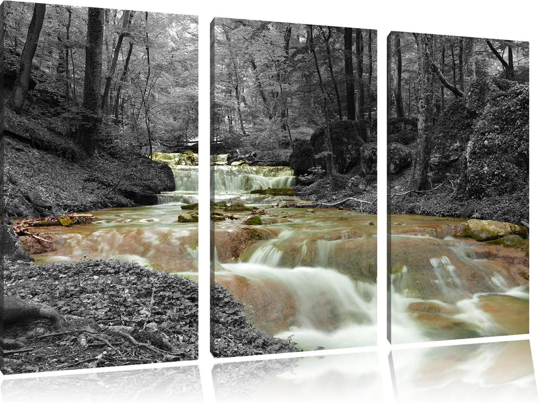 Pixxprint Waldbach im Herbst als Leinwandbild/Grösse: 3 Teilig (120x80) cm/Wandbild/Kunstdruck/ferti