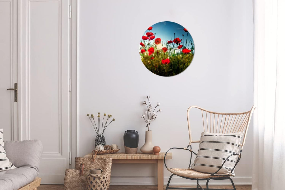 MuchoWow Wandbild Rund Wanddeko Deko Wohnzimmer Bilder 30x30 cm Mohnblumen - Toskana - Sonne - Rot -