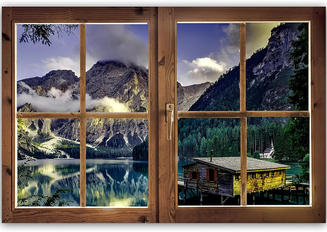 Feeby Vlies Leinwandbild Fensteransicht 3D-Illusion 120x80 cm Wanddeko Design Kunstdruck Zimmerdeko