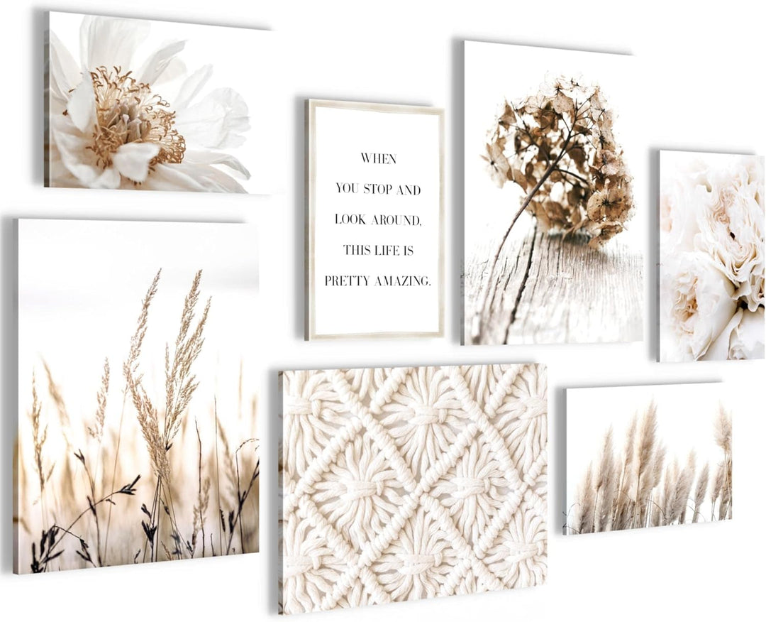 Novart Wandbilder Boho - KOMPLETT AUFHÄNGFERTIG - Beige Wohnzimmer Schlafzimmer- 7 Moderne Mood-Bild