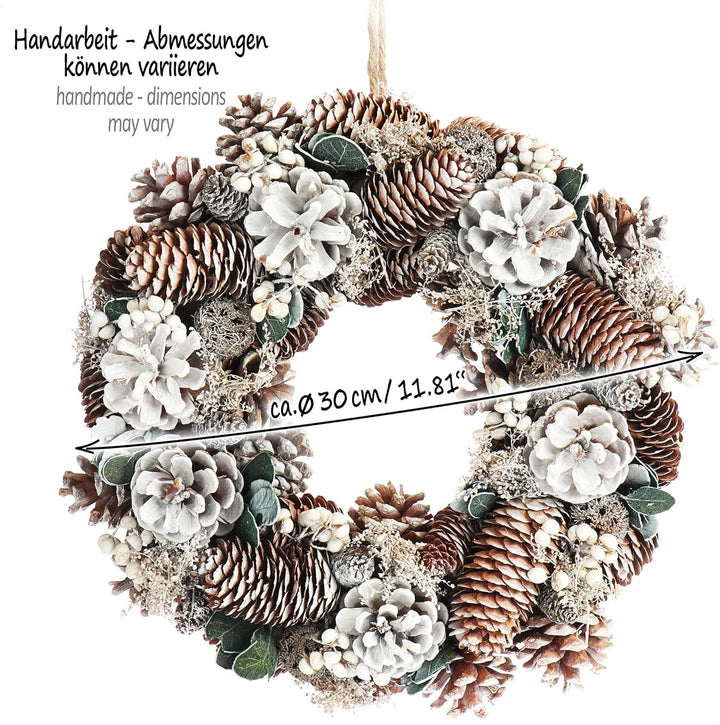 COM-FOUR® Türkranz Weihnachten - Adventskranz mit Mehreren Zapfenarten und weissen Beeren - Dekokran