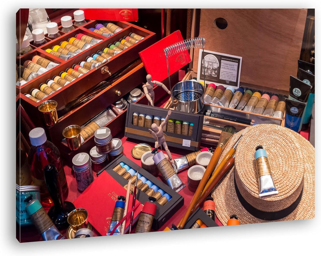 deyoli grosser Tisch mit Nähzeug Format: 80x60 als Leinwandbild, Motiv fertig gerahmt auf Echtholzra