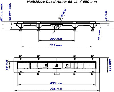 MCH Duschrinne Bodenablauf Edelstahl Ablaufrinne Badablauf flach 65cm Modell: Square