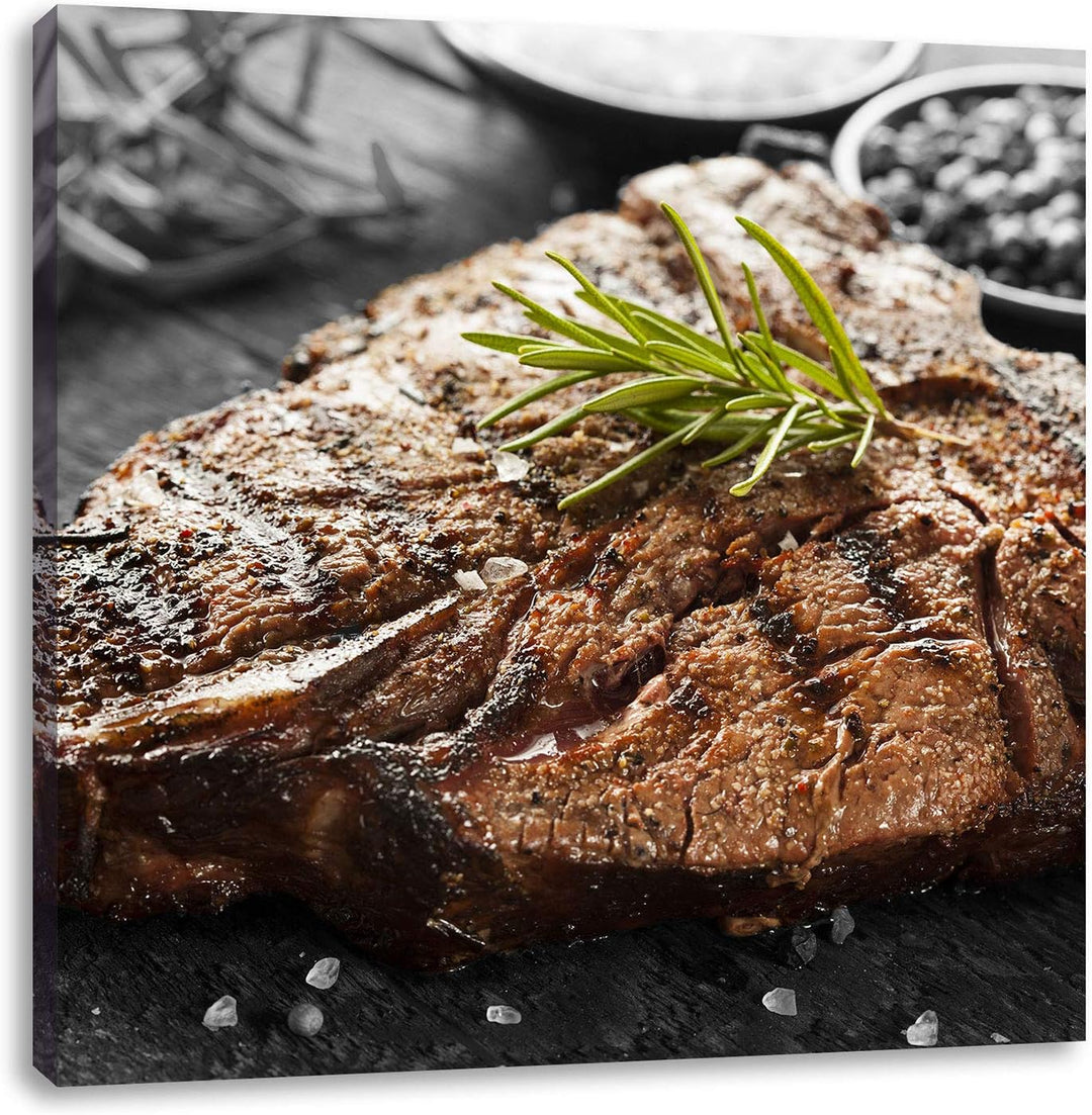 Pixxprint Gebratenes Steak mit Rosmarin als Leinwandbild/Grösse: 70x70 cm/Wandbild/Kunstdruck/fertig