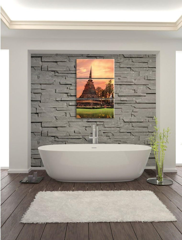 Pixxprint Buddha Tempel im Sonnenuntergang 3-Teiler Leinwandbild 120x80 Bild auf Leinwand