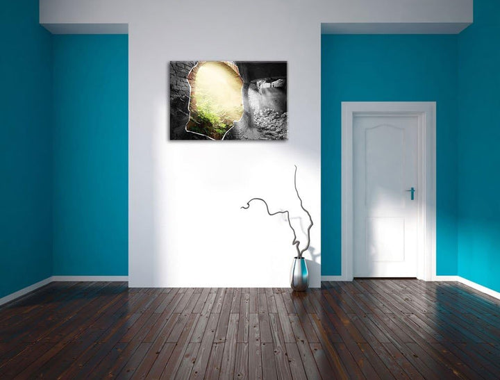 erleuchtete Ruine schwarz/weiss Format: 100x70 auf Leinwand, XXL riesige Bilder fertig gerahmt mit K