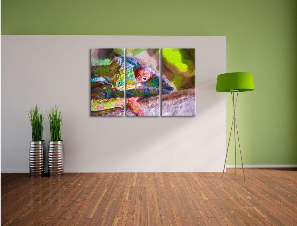Pixxprint Chamäleon aus Madagaskar Kunst / 3-Teilig/Gesamtmass 120cm Leinwandbild bespannt auf Holzr