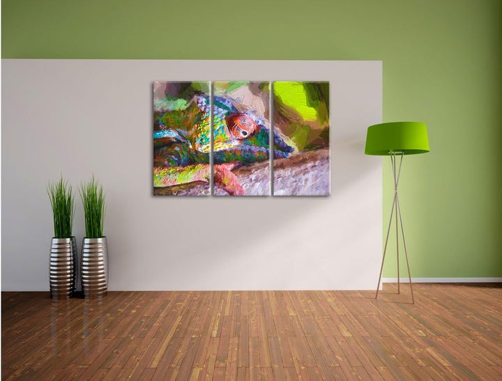 Pixxprint Chamäleon aus Madagaskar Kunst / 3-Teilig/Gesamtmass 120cm Leinwandbild bespannt auf Holzr