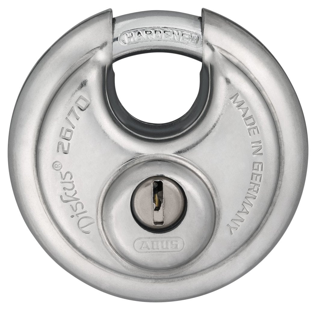ABUS 129995 – 26/70 _ Ka Vorhängeschloss Überfalle Diskus Anti Akku 70 mm mit identischen Schlüsseln