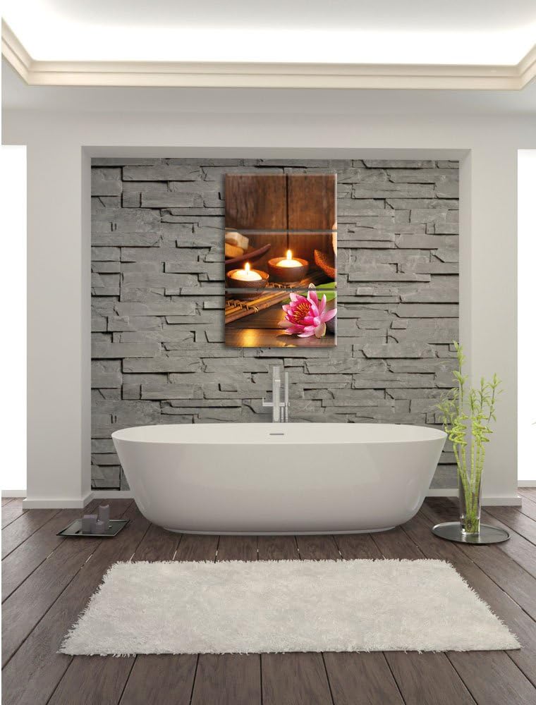 Pixxprint Kerzen mit Zen Steinen und Seerose als Leinwandbild | Grösse: 3 Teilig (120x80) | Wandbild
