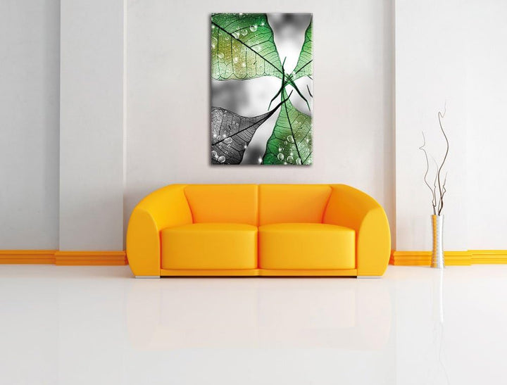 Pixxprint grüne Blätter mit Wassertropfen als Leinwandbild/Grösse: 100x70 cm/Wandbild/Kunstdruck/fer