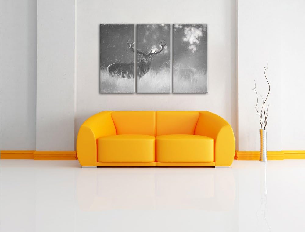 Pixxprint Rotwild im goldenen Morgenlicht Kunst Kohle Effekt 3-Teiler Leinwandbild 120x80 Bild auf L