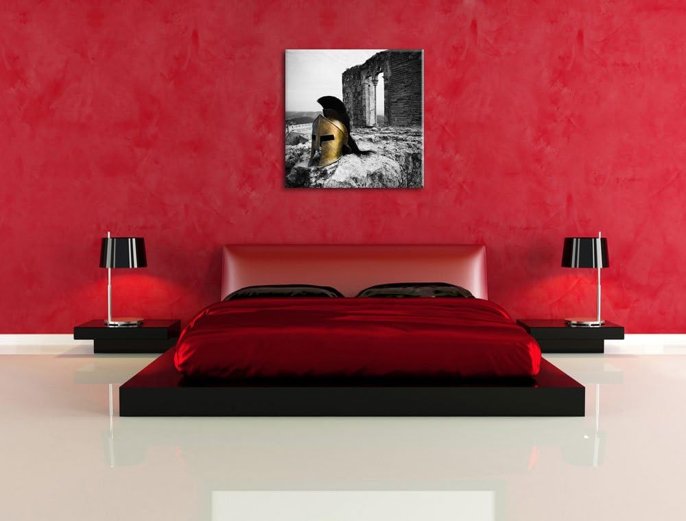 Pixxprint Alter Helm Einer Rüstung vor Ruine schwarz/weiss, Format: 70x70 auf Leinwand, 70x70