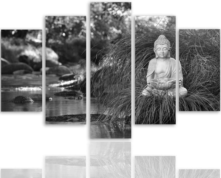 Feeby Leinwandbild 5 Teilig Buddha Bild Wanddeko Natur Wasser Schwarzweiss 200x100 cm Leinwandbild 2