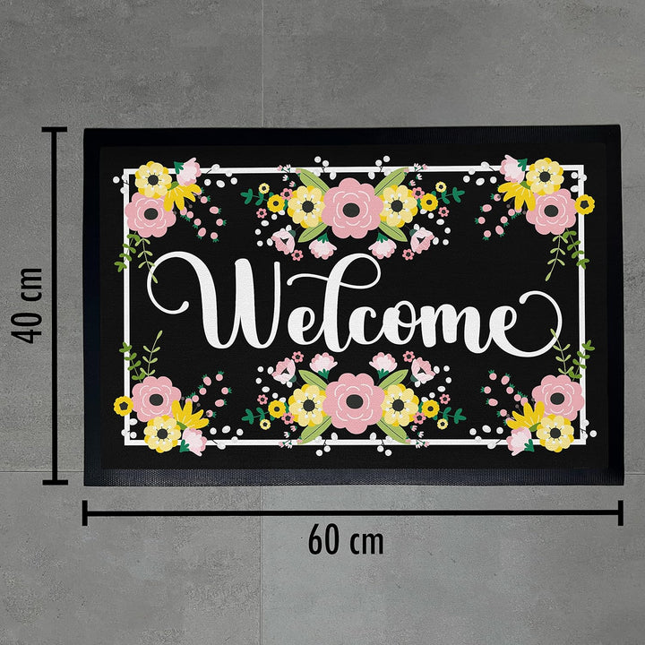 Trendation - Welcome Fussmatte Blumen Muster Grafik Geschenk Neue Wohnung Willkommen Aussen und Inne