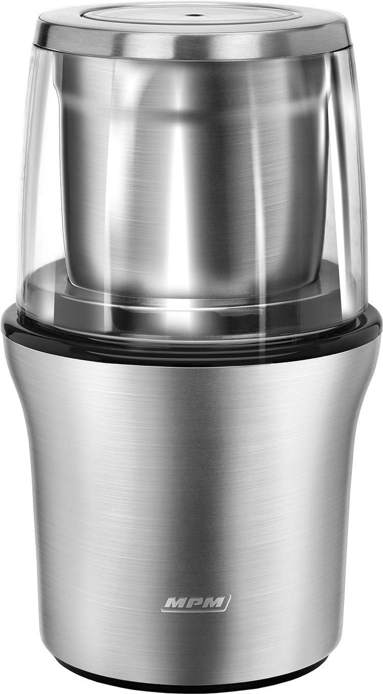 MPM MMK-06 Elektrische Kaffeemühle, BPA-frei, 70 g Kaffee pro Minute, 200 W MMK-06M, Edelstahl