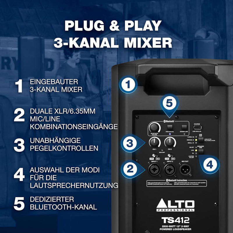 Alto Professional TS412 und TS412 Cover –2500W 12" Aktiver PA-Lautsprecher mit 3- Kanal Mixer, Bluet