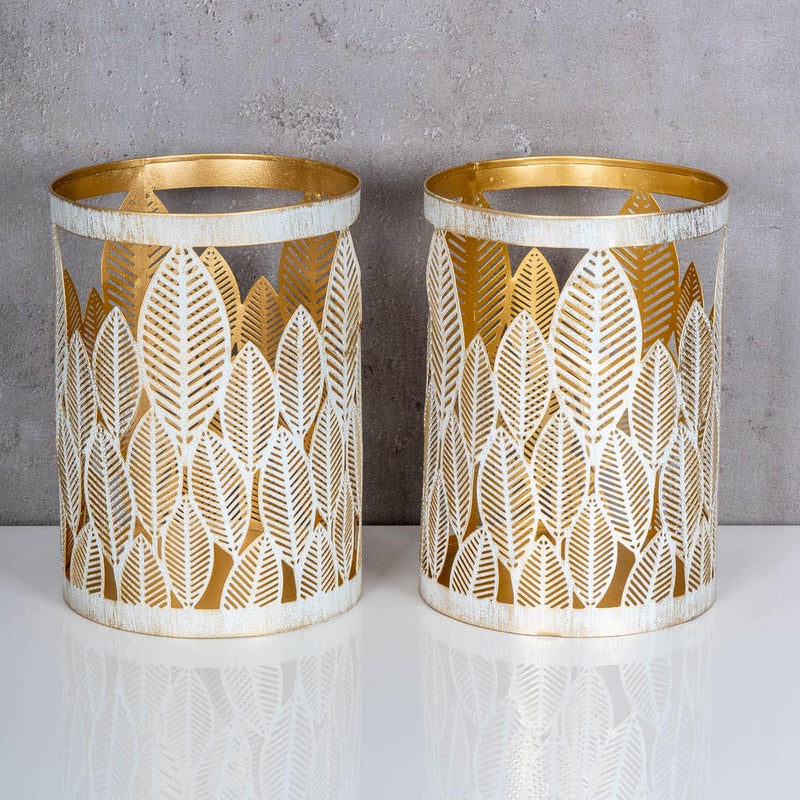 2er Set Windlicht 13x18cm Weiss Gold Metall Teelichthalter Blattdekor Blumendekor Tischdeko Industri