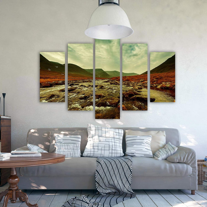 Feeby Bilder Landschaft 200x100 cm - Leinwandbild 5 Teilig XXL Kunstdruck Steine grün Leinwandbild X