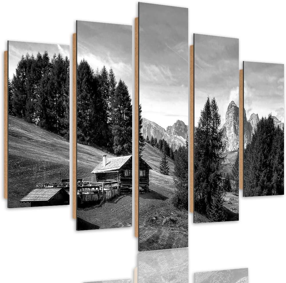 Feeby Wandbild Berge 300x140 cm Deco Panel 5 Teilig XXL Kunstdruck Hütte Bäume grau Deco panel XXL 3