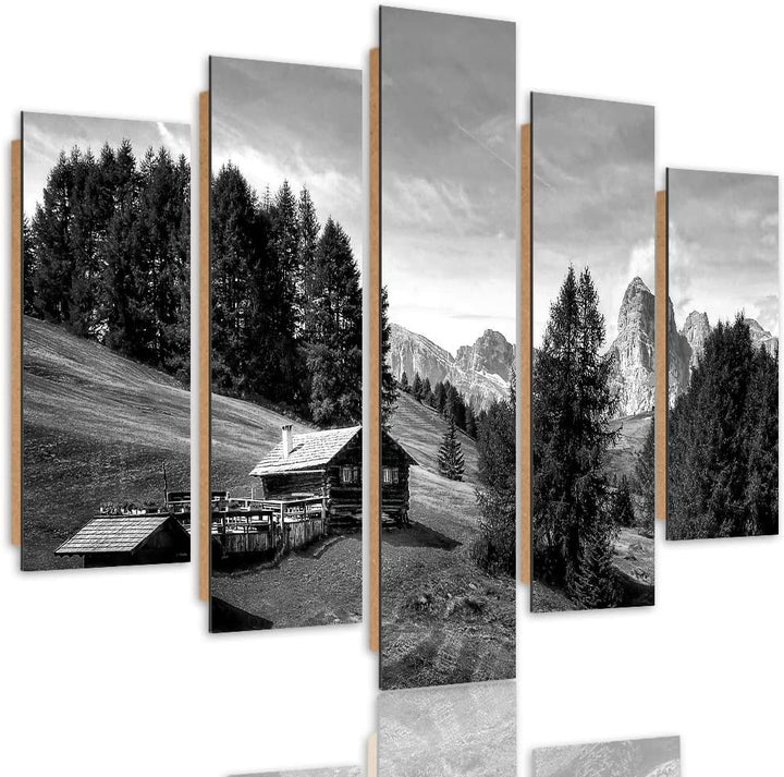 Feeby Wandbild Berge 300x140 cm Deco Panel 5 Teilig XXL Kunstdruck Hütte Bäume grau Deco panel XXL 3