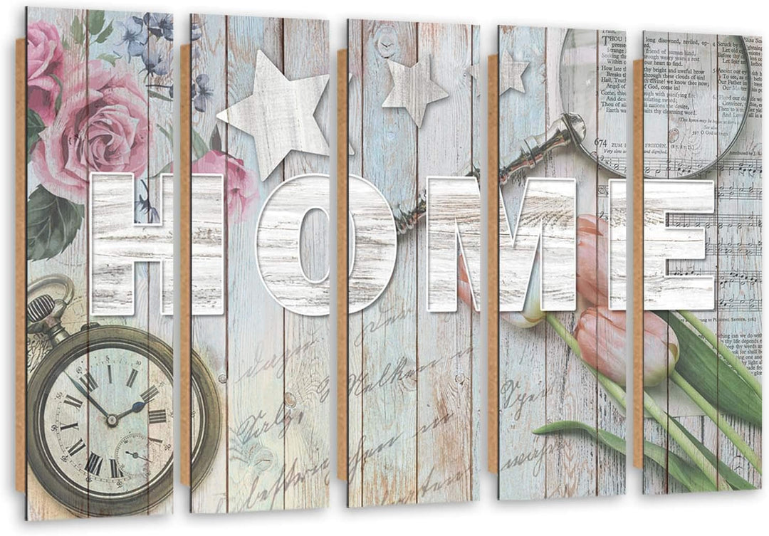 Feeby Wanddeko 5 teile Haus 150x100 cm Bilder modern Rosen Tulpen Blumen Küche Beige Deko Paneel 150