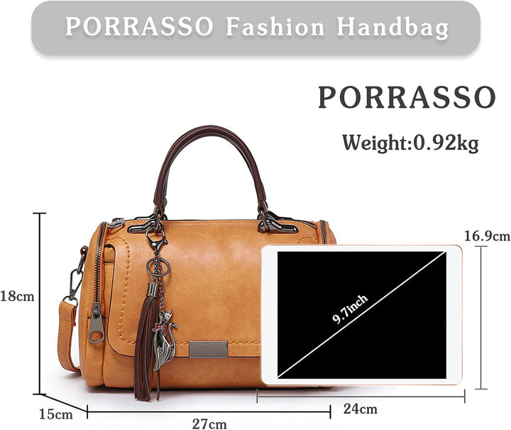 PORRASSO Retro Handtasche Damen Umhängetaschen Frauen Schultertaschen Wasserdicht PU Leder Henkeltas