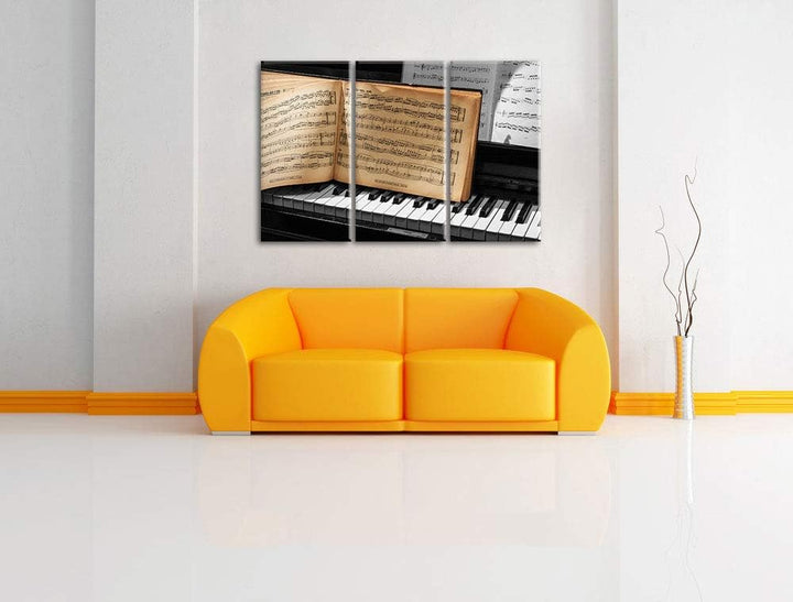 Pixxprint Notenbuch auf Piano als Leinwandbild | Grösse: 3 Teilig (120x80) | Wandbild| Kunstdruck |