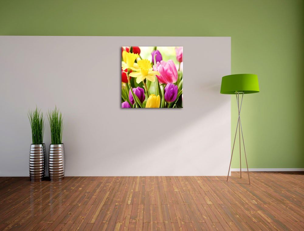 Pixxprint Farbenfrohe Osterglocken und Tulpen, Format: 70x70 auf Leinwand, 70x70
