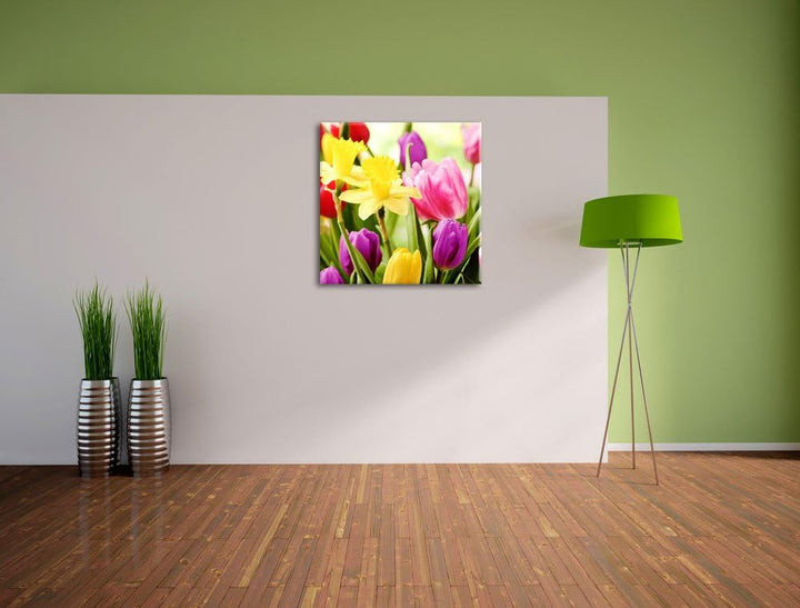 Pixxprint Farbenfrohe Osterglocken und Tulpen, Format: 70x70 auf Leinwand, 70x70