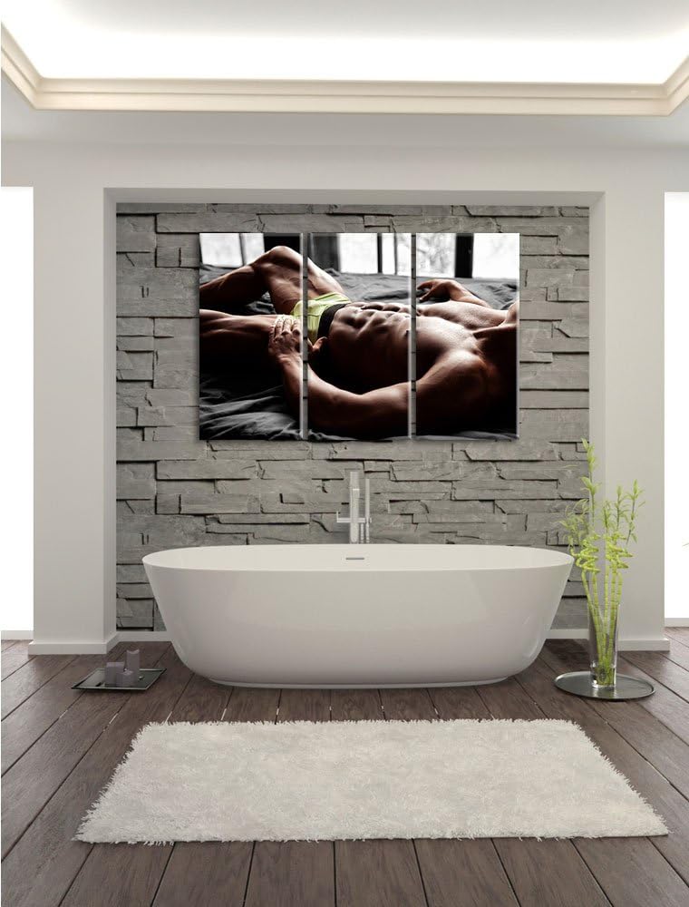 Pixxprint Muskulöser Mann im Bett B&W Detail 3-Teiler Leinwandbild 120x80 Bild auf Leinwand
