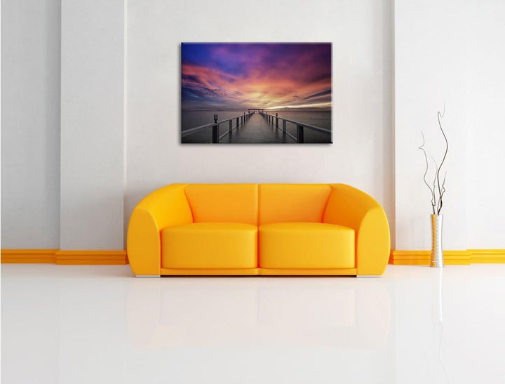Pixxprint Endloser Steg ins Meer im Sonnenuntergang Schwarz/Weiss, Format: 100x70 auf Leinwand, 100x