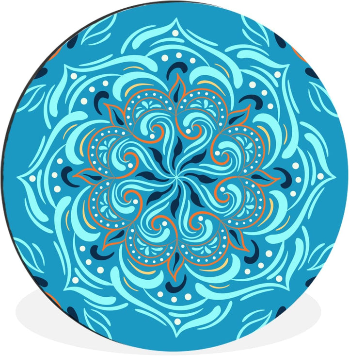 Wandbild Rund Wanddeko Deko Wohnzimmer Bilder 90x90 cm Mandala - Blau - Orange - Muster, 90x90 cm